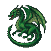 A majestic green dragon with unfurled wings, coiled serpentine body, and head held high.
