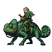 An elven rider in green armor with blonde hair sits on a giant, emerald-scaled chameleon.