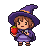 A small witch with a purple hat and cloak happily eats a red strawberry.
