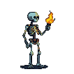 A skeletal figure holding a torch stands in dim light, subtly swaying.