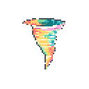 Stylized, colorful tornado with swirling pastel hues of blue, yellow, orange, pink, and teal against a plain background.