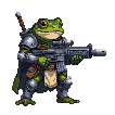 Determined green amphibian warrior in pixelated armor and dark cape, aiming a rifle.