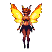 Stylized female figure with large, fiery wings, horns, and pointed ears, wearing a dark, segmented skirt and top.