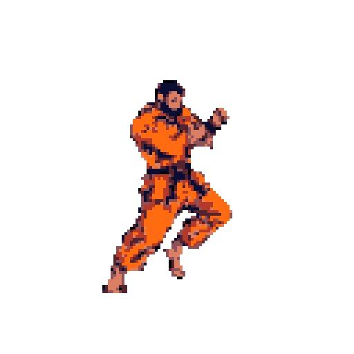 Martial artist in an orange gi with a black belt, lunging forward with fists raised.