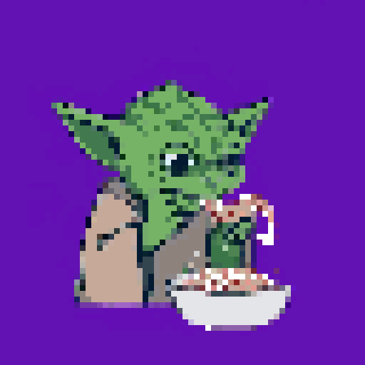 Yoda, seated and focused, eats from a bowl of stew against a purple background.