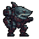 Humanoid figure with a shark head and layered gray and blue-gray armor, right arm extended forward, facing right against a sandy brown background.