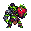 Muscular green orc with dark mohawk and sharp teeth holds a large red strawberry like a shield.