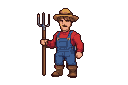 Cheerful farmer in red shirt, blue overalls, and straw hat, holding a pitchfork and gesturing with his free hand.