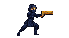 A dark blue ninja fires a golden pistol, with a burst of light, muzzle flash, and dissipating smoke.