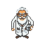 Portly elderly scientist with wild white hair and beard, wearing glasses and a lab coat, holding a beaker.