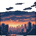 Panoramic pixel art city skyline at dawn or dusk, with silhouetted buildings against a dramatic sky of orange, yellow, blue, and purple clouds.