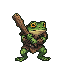 A frog warrior in earthy armor prepares to strike with a wooden club.