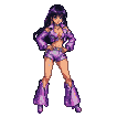 Young woman with dark hair and a confident smile, wearing a shimmering purple disco outfit with a cropped top, short shorts, and flared bell-bottom pants, swaying to music with hands on hips.