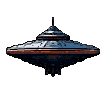 A classic flying saucer with a tiered, domed structure, metallic grey and blue hull, and a warm orange band around its midsection. A small antenna tops the craft, and lights are visible beneath its main body.