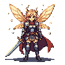 Armored fairy knight with glowing golden wings and cape, standing resolutely against a black background.