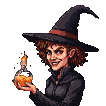 Wicked witch with auburn hair and pointed hat, holding a glowing, smoking potion.