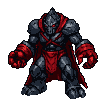 A hulking obsidian golem with glowing red eyes and oversized crimson gauntlets, wearing segmented dark armor and a flowing red cloak. Its fists clench and unclench rhythmically.