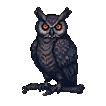 A stoic owl with piercing orange eyes perches on a dark branch, its muted gray and black feathers conveying nocturnal vigilance.