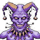 Bust of a menacing, gaunt jester with pale purple skin, a wide grin revealing sharp yellow teeth, and glowing yellow eyes. It wears a multi-pointed purple jester hat with bells and a bell-adorned ruff. The background is flat beige-brown.