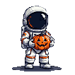 Astronaut in a white and grey suit with orange accents, holding a classic grinning jack-o'-lantern against a black background.