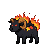 A dark ram creature with a fiery mane and red glowing eyes, breathing a small orb of flame.