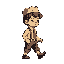 Stylized male character in profile, facing right, in a walking pose. He wears a flat cap, collared shirt with tie, and trousers with suspenders. Rendered in limited brown and beige pixel art.