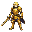 A knight in golden armor holds a sword, ready for battle.