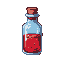 Stylized pixel art potion bottle with reddish liquid and a cork stopper, set against a deep reddish-brown background.