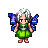 Pixie with white hair and iridescent blue butterfly wings, wearing a green dress, in a gentle idle animation.