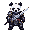 Panda knight in dark armor holding a silver sword.