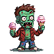 Greenish zombie with tattered blue jeans and a red jacket, mouth agape, holding two pink ice cream cones.