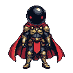 A stoic figure in ornate golden armor and a flowing crimson cape, with a dark spherical helmet and piercing red eyes.