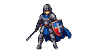 Knight in silver armor and blue cape, holding a sword and shield, mid-combat swing.