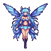Luminous pixie with flowing blue hair and iridescent wings, wearing a blue bikini and skirt, performing a gentle, hypnotic rotation.
