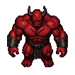 A crimson-skinned demon with powerful musculature, menacing horns, and chained bracers strides forward with a grimace.