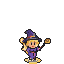 Small pixie wizard in a purple robe and star-adorned hat hovers with blonde hair trailing, casting a golden magical orb from her wand.