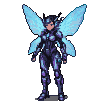Futuristic pixie woman in dark, iridescent armor with large, translucent blue and white wings.
