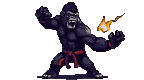 Muscular gorilla in red sash, roaring aggressively, with a small flame in its right hand.