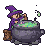 Whimsical witch stirring a bubbling emerald potion in a cauldron.