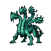 A fearsome, multi-headed hydra with teal-green scales and four legs, its serpentine necks arching aggressively.