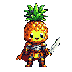 A whimsical character with a pineapple for a head, wearing ornate metallic armor and a flowing red-orange cape, holding a sword.