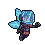 Cyberpunk pixie with glowing cyan wings and helmet hovers mid-air, holding a laser gun.