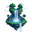 Floating islands with a prominent waterfall cascading down, set against a dark blue background with scattered clouds and patches of green foliage.