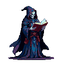 A skeletal figure in dark, flowing robes reads a large red book held at eye level, facing right.