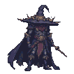 A robed figure in dark, ornate armor with arcane symbols on their hat walks to the right.