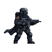 Armored figure in tactical suit and helmet with blue visor, holding a rifle in a defensive stance. Red insignia on left shoulder. Dark background.