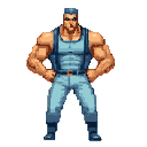 Muscular man with tan skin and short dark hair in a light blue tank top and suspender pants, hands on hips, standing against a muted gray background.