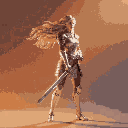A determined female warrior in intricate light armor stands poised with a longsword held vertically, her long hair dramatically flowing to the left against a warm, gradient background.