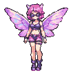 A pixie with short pink hair, cat ears, and iridescent purple and pink wings poses confidently in a dark purple two-piece outfit, sunglasses, and matching boots.