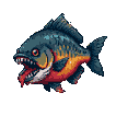 Menacing piranha with mouth agape, sharp teeth visible, and a crimson tongue. Small red pixel drops trail from its maw.